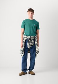 Žalias apvalios iškirptės marškinėliai su grafiniu raštu, mėlyni džinsai ir flanelinė plaid marškinių, susieto aplink liemenį. Rudi šlepetės.