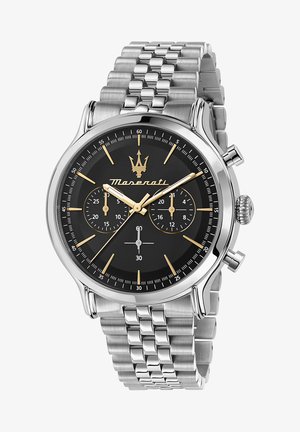 Edelstahl-Uhr mit schwarzem Zifferblatt, goldenen Akzenten, Chronographen-funktionen, silbernem Mesh-Armband und einem polierten Gehäuse. Verfügt über drei Hilfszifferblätter.