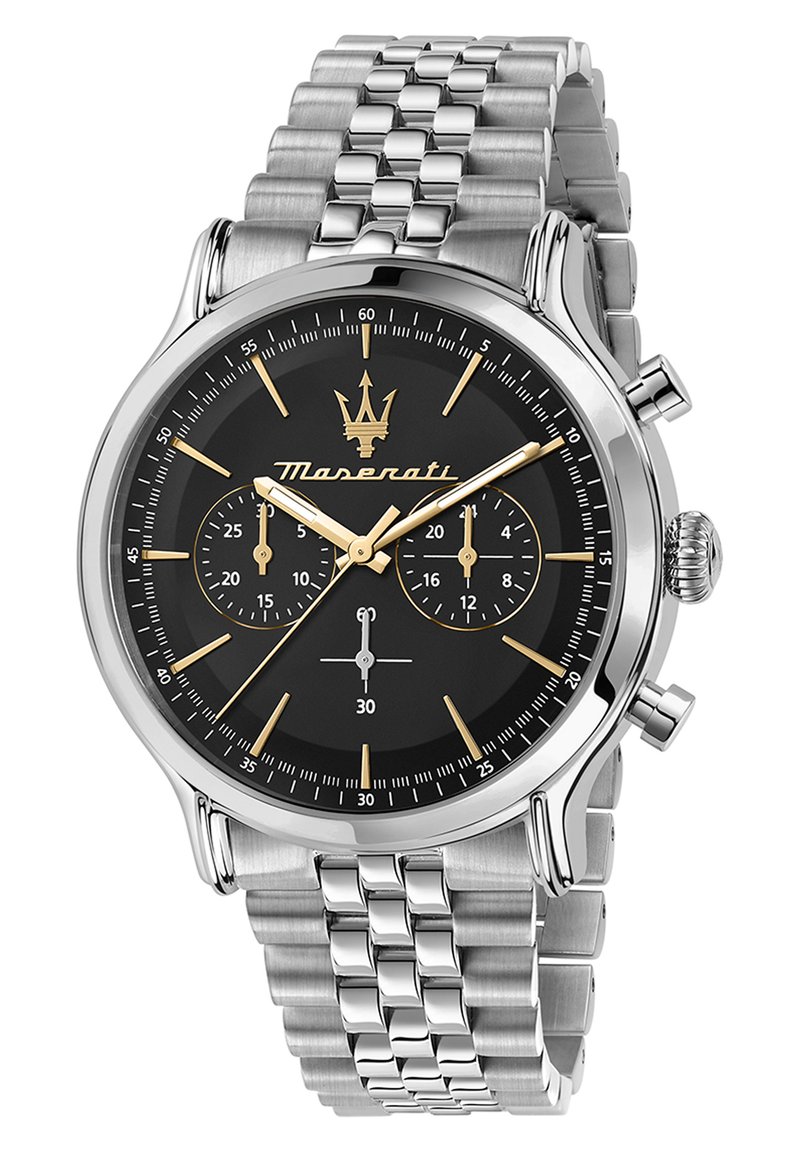 Rustfrit stål ur med sort skive, gyldne detaljer, chronograph-funktioner, sølvmaske-bånd og en poleret urkasse. Har tre underskiver.