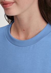 Lichtblauwe sweatshirt met een geribde ronde hals, gladde textuur en geen zichtbare patronen. Weergegeven tegen een neutrale achtergrond.