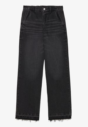 Pantalon en denim noir à coupe droite. Doté d'une taille haute, d'un ourlet effiloché et d'une texture légère délavée sur l'ensemble. Poches avant incluses.