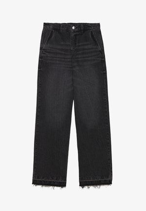 Black denim trousers with a straight leg design. Features a high waist, frayed hem, and subtle faded texture throughout. Front pockets included.