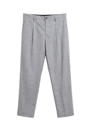 Pantaloni formali grigio chiaro con pieghe frontali, passanti per cintura, chiusura con bottone e gambe dritte, stesi su uno sfondo bianco.