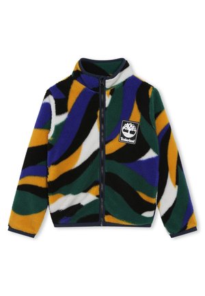 Chaqueta de forro polar con un patrón abstracto vibrante en verde, azul, negro, amarillo y blanco. Cierre completo con cremallera y parche con el logo de la marca.