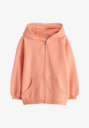 Šviesiai koralų rožinės spalvos užsegamas džemperis su priekinėmis kišenėmis, ribinėmis rankogaliais ir apačia, bei su pamuštu gobtuvu.