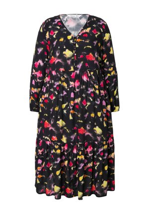 Czarna sukienka w kwiaty z dekoltem w serek, długimi rękawami, warstwową spódnicą oraz mieszanką różowych, żółtych i czerwonych abstrakcyjnych wzorów. Wykonana z lekkiego materiału.