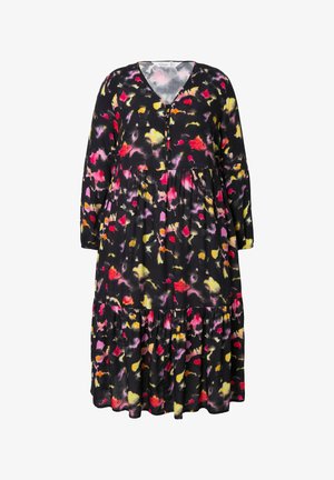 Czarna sukienka w kwiaty z dekoltem w serek, długimi rękawami, warstwową spódnicą oraz mieszanką różowych, żółtych i czerwonych abstrakcyjnych wzorów. Wykonana z lekkiego materiału.