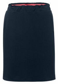 Marinblå, knälång kjol tillverkad av strukturerat material med elastisk midja och en kontrasterande rosa insida. Enkelt design, utan fickor.