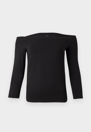 Top lungo a maniche lunghe nero, scollato sulle spalle, realizzato in un tessuto liscio e stretch. Presenta un ampio scollo e una silhouette attillata.
