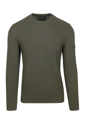 Olivgrüner, gerippter Pullover mit Rundhalsausschnitt und langen Ärmeln. Verfügt über einen strukturierten Stoff und ein Logo-Etikett am Ärmel für Details.