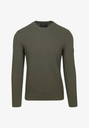 Olivgrüner, gerippter Pullover mit Rundhalsausschnitt und langen Ärmeln. Verfügt über einen strukturierten Stoff und ein Logo-Etikett am Ärmel für Details.
