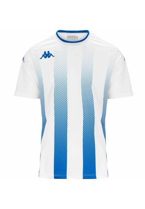 Maglietta sportiva bianca con strisce e accenti blu diagonali. Presenta un collo tondo e maniche corte, realizzata in tessuto leggero.