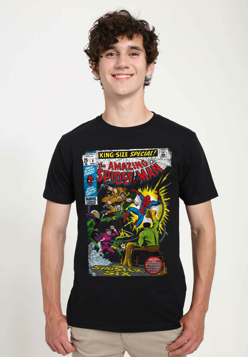 Black cotton t-shirt featuring a colorful comic book print of Spider-Man battling the Sinister Six. Graphic elements include vibrant characters and text.