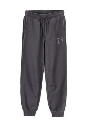 Dark gray jogger sweatpants with elastic waistband and cuffs, drawstring, side pockets, and a small printed number 78 on the right thigh.