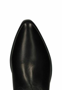 Bottine en cuir noir avec un bout pointu et une texture lisse. Présente un design minimaliste, créant une apparence élégante.