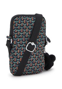 Gemusterte Handytasche mit schwarzem Grund, die ein mehrfarbiges Schuppendesign zeigt. Enthält einen schwarzen Riemen, silberne Beschläge und ein Pompon-Detail.