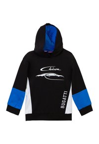 Felpa con cappuccio nera con accenti blu e bianchi. Presenta un logo frontale "Chiron" e un design a silhouette. Materiale in misto cotone.