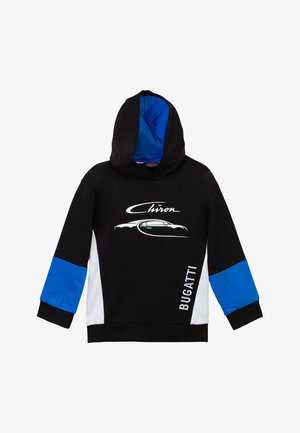 Felpa con cappuccio nera con accenti blu e bianchi. Presenta un logo frontale "Chiron" e un design a silhouette. Materiale in misto cotone.