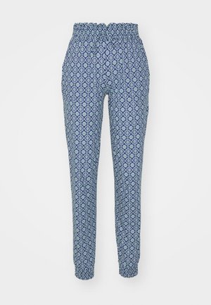 Blauwe patroonbroek met een elastische tailleband en boorden. Bevat ingewikkelde geometrische ontwerpen in tinten blauw en wit.