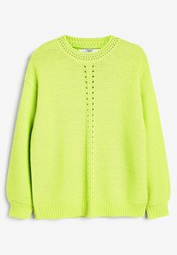 Pull tricoté vert citron avec un col rond, comprenant des motifs texturés et des poignets et un ourlet côtelés. Conception légère et coupe décontractée.