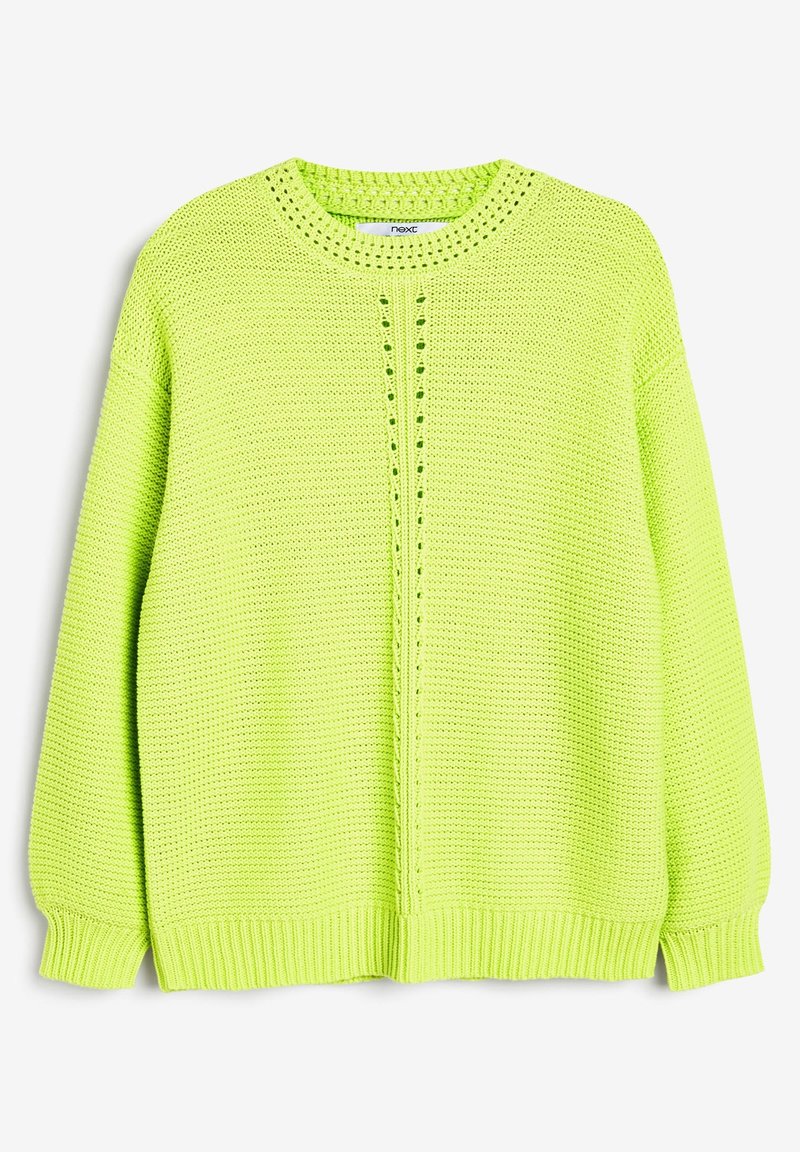 Pull tricoté vert citron avec un col rond, comprenant des motifs texturés et des poignets et un ourlet côtelés. Conception légère et coupe décontractée.