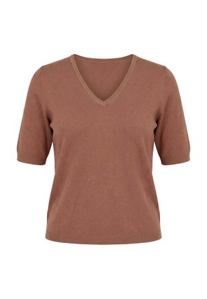 Ulla Popken, PULLOVER, ELASTIKSAUM, V-AUSSCHNITT, HALBARM, GLITTER - T-shirt basique - brown