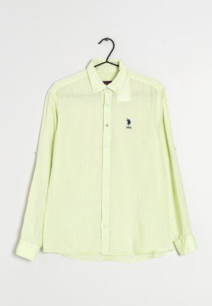 Helle gelbe Langarmshirt mit einem Button-down-Kragen, vorderen Knöpfen, gesticktem Logo und Knopfdetails an den Manschetten.