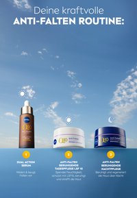 Three Nivea skincare products: a dark brown serum bottle with a dropper, a white cream jar, and a dark blue cream jar, all labeled Q10.