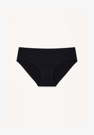 Slips hipster neri in cotone con texture liscia, design a copertura totale e vita elastica. Senza motivi visibili o decorazioni.