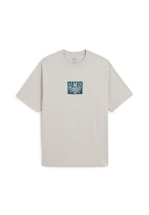 Light gray short-sleeve T-shirt with a small central graphic of a green stylized frog face with text on its teeth.