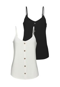 Kaks linakate tippu: üks valge ja teine must, mõlemal on õhukesed rihmad ja esiküljel nööpide detail. Valmistatud pehmest kangast, omades lihtsat disaini.