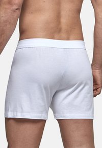 Ein nackter Rücken und obere Beine eines Mannes, der schlichte weiße eng anliegende Boxershorts trägt, vor einem neutralen Hintergrund.