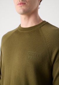 Olijfgroen gebreide trui met geribbeld ronde hals, voorzien van een gestructureerd logo op de borst. Glad materiaal en raglanmouwen.