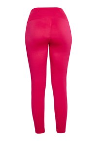 Strakke leggings van felroze rekbaar materiaal, met een hoge tailleband en een gladde textuur, ontworpen voor comfort en bewegingsvrijheid.