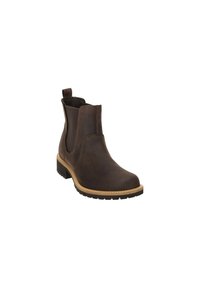 Braune Leder-Ankle-Boots mit elastischen Seitenpaneelen, einer Zugschlaufe und einer kontrastierenden beigen Sohle. Mit abgerundeter Zehenpartie und strukturiertem Profil.