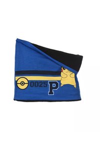 Blauwe en zwarte deken met een gele Pikachu-afbeelding, Pokéball-ontwerp en "0025 P" tekst. Zacht materiaal met een gladde textuur.