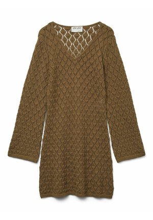 Brun strikket sweater med V-hals, lange ærmer og diamantformet åbent mønster. Tekstureret stof med ribbede manchetter og kant.