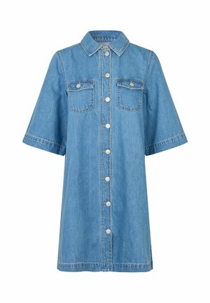 Rochie din denim albastru deschis cu mâneci scurte, nasturi în față, guler și două buzunare la piept cu clapete cu nasturi.
