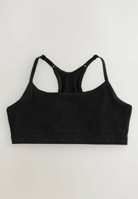 Schwarzer Bralette mit glatter Stoffoberfläche, verstellbaren Trägern und einem Band am unteren Ende mit Logo-Akzent. Racerback-Design.