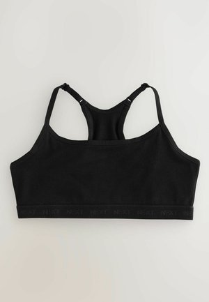Zwarte bralette met een gladde stofafwerking, verstelbare banden en een band met logo-accent aan de onderzijde. Racerback ontwerp.