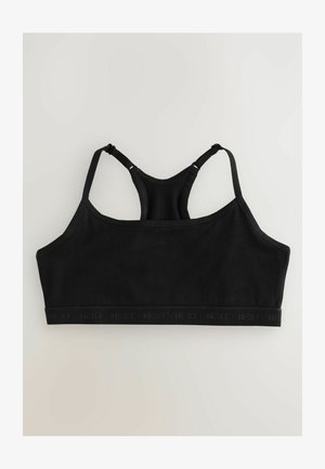 Fekete bralette sima szövetfelülettel, állítható pántokkal és logóval díszített csíkkal az alján. Racerback kialakítás.