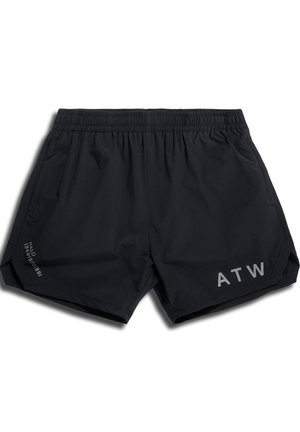 Sorte shorts lavet af let materiale, med elastisk talje, sidelommer og trykt tekst "ATW" på fronten.