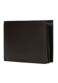 Portafoglio in pelle marrone con una superficie liscia, design a due ante, marchio discreto e numerosi scomparti e slot per carte all'interno.