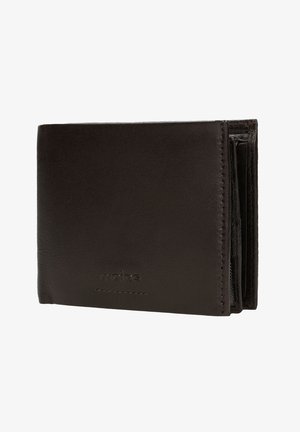 Brown leather wallet with a smooth texture, bi-fold design, subtle branding, and multiple card slots and compartments inside.