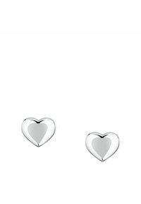 Orecchini argento a forma di cuore con una superficie liscia e riflettente. Design compatto con bordi arrotondati e senza marcature o accenti visibili.