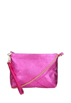 Metallic pink clutch with a textured surface, featuring diagonal seams, a gold chain strap, and a matching wrist strap. Zipper closure.