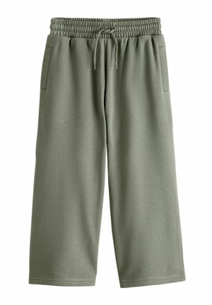 Locker sitzende, olivgrüne Jogginghose mit elastischem Bund und Kordelzug, mit Seitentaschen, auf weißem Hintergrund dargestellt.