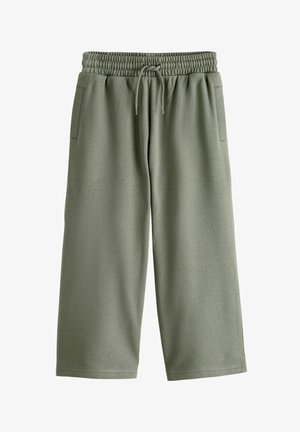 Laisvai krintančios alyvuogių žalios laisvalaikio kelnės su elastinga juosmens dalimi ir raišteliais, turinčios šonines kišenes, pateiktos ant baltos fono.