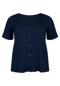 Maglietta corta a maniche con coste di colore blu navy, con scollatura rotonda e fila centrale di sette bottoni marroni davanti.