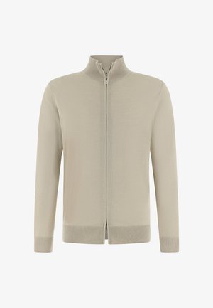 Cardigan beige à fermeture éclair intégrale avec col, poignets et bas en côtes, présenté à plat sur fond blanc.